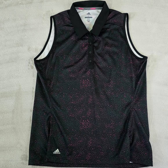 Adidas Womens Golf Sleeveless Polo Shirt Black Pink Green Dot Print Size L - Picture 10 of 10